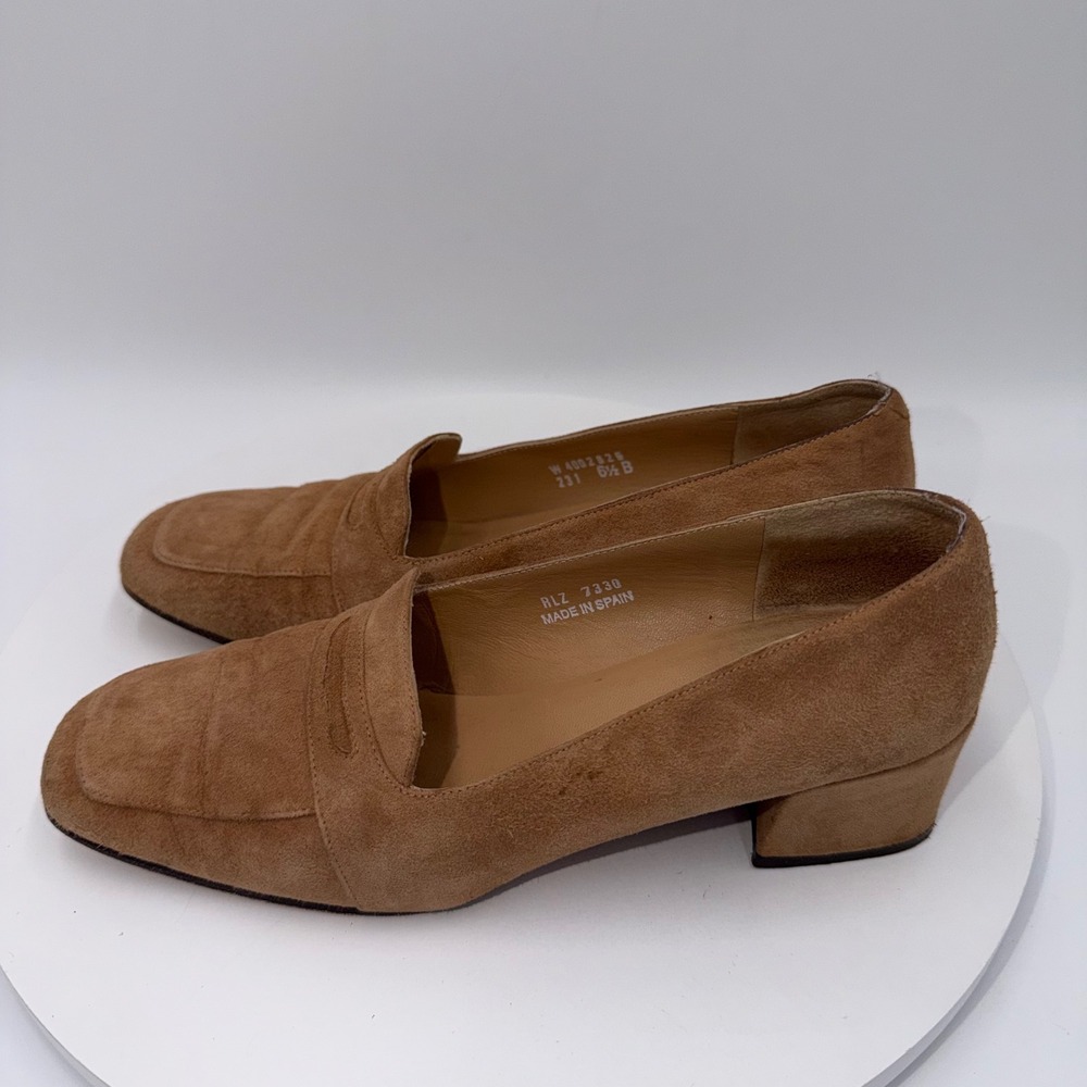 Ralph Lauren Vintage 90's Tan Suede Penny Loafer Pumps Square Toe Spain 6.5B